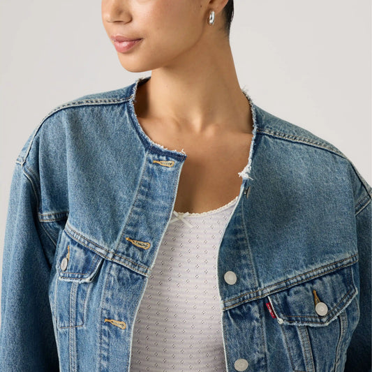 90s Collarless Cropped Trucker Jacket