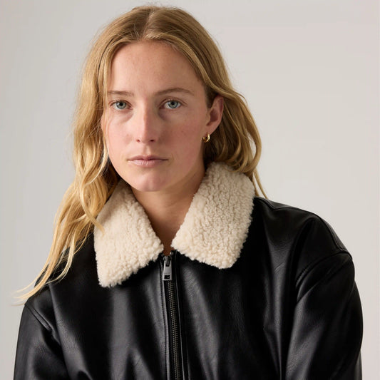 Faux Leather Bomber With Sherpa Collar