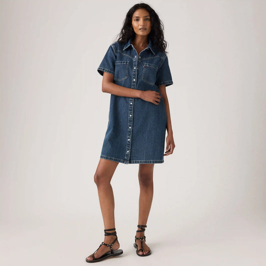 Louisa Short-Sleeve Denim Midi Dress