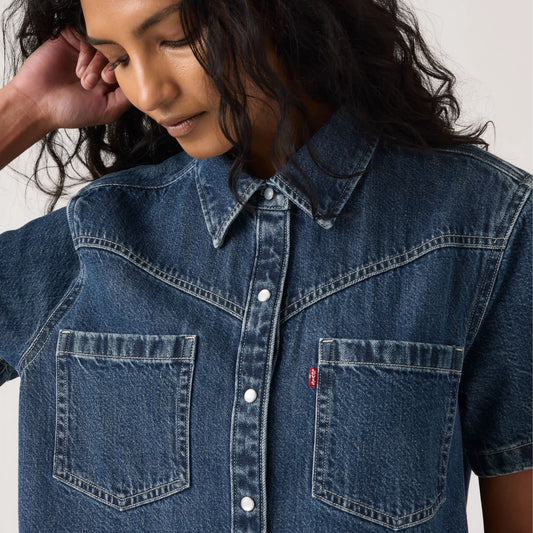 Louisa Short-Sleeve Denim Midi Dress