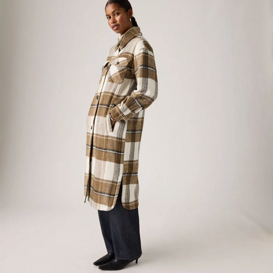 Long Plaid Shirt Jacket With Interior Quilted Lining