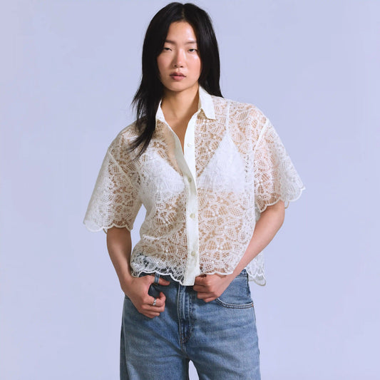 Lace Short-Sleeve Button Down Blouse