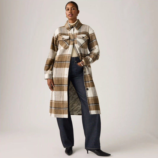 Long Plaid Shirt Jacket With Interior Quilted Lining
