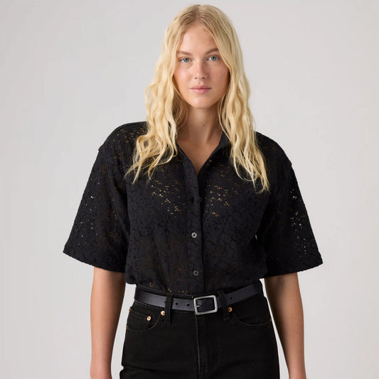 Harlie Boyfriend Short-Sleeve Lace Button Down Shirt